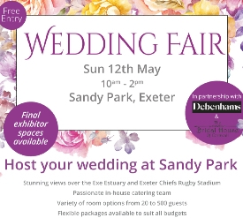 Sandy Park, Exeter set to host their Wedding Fair on Sunday 12th May 2019 from 10am until 2pm with free entry: Image 1