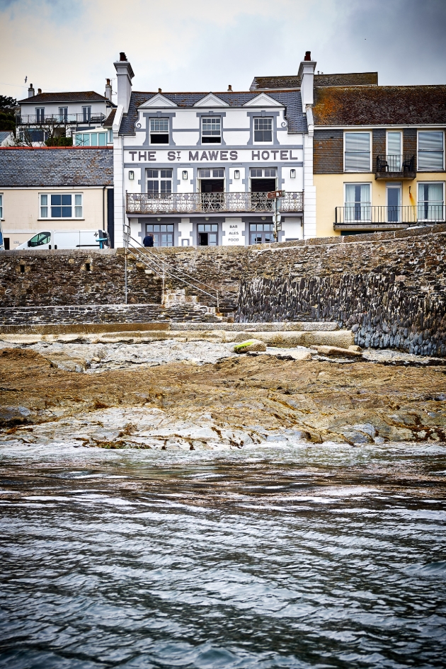 St Mawes Hotel, Cornwall, hotel on sea wall with sea