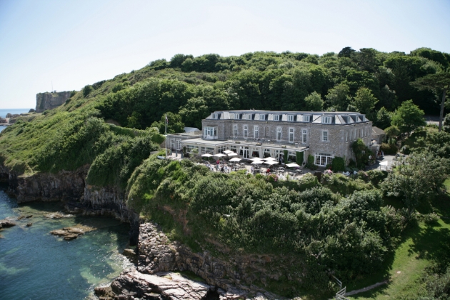 The Berry Head Hotel, Brixham, aerial view of hotel on cliff edge see below sunny day 