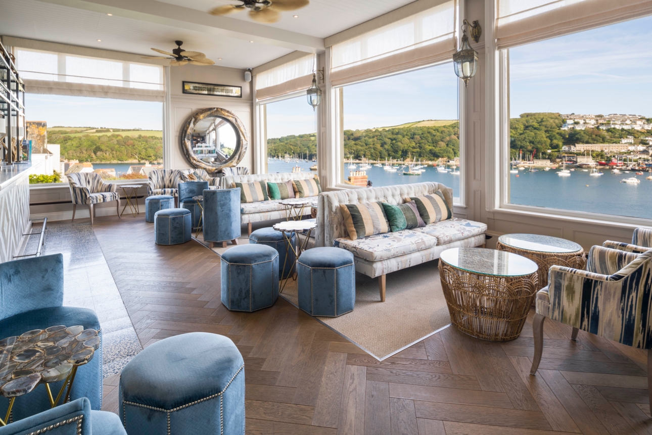 The bar at Fowey Harbour hotel looking at the estuary