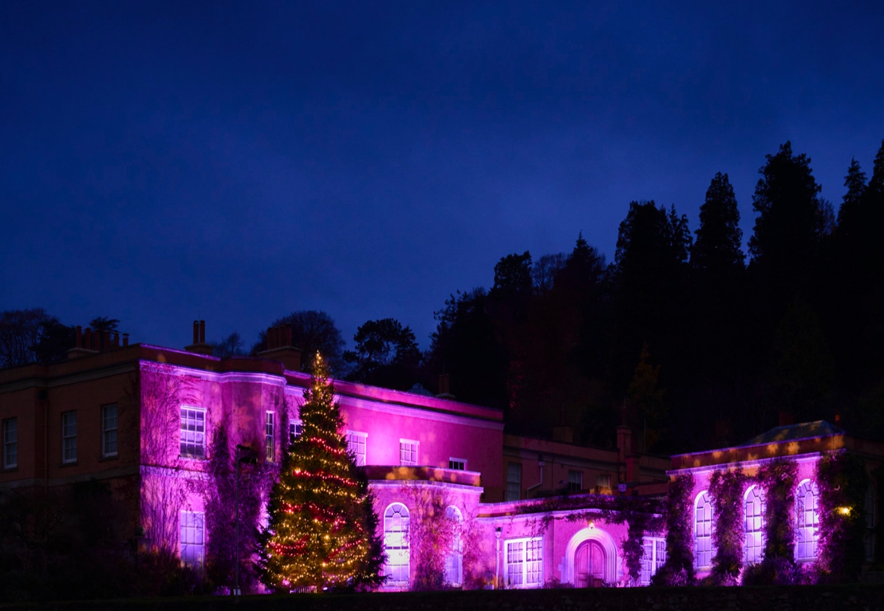 Killerton bathed in pink light at night