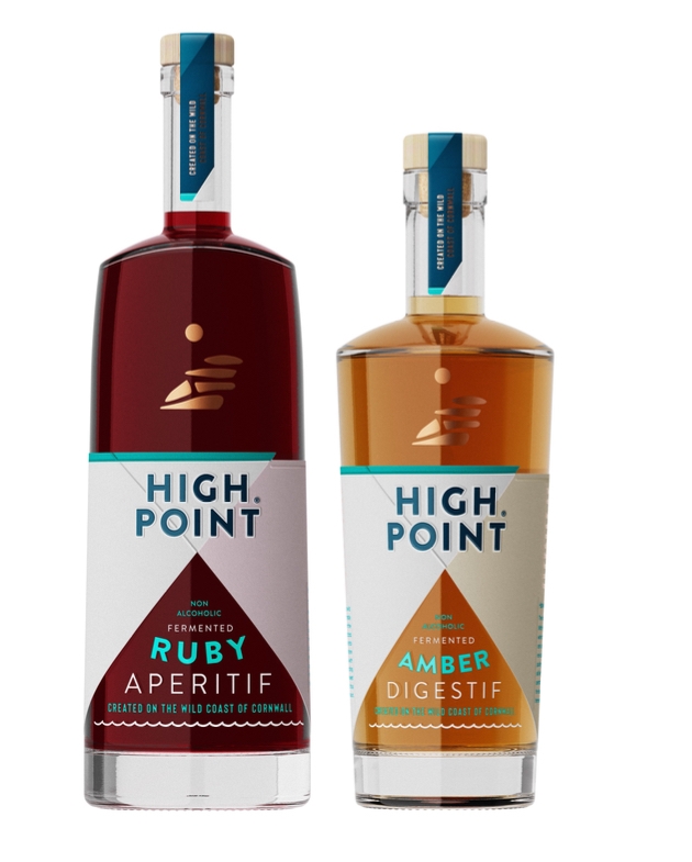 Two bottles of High Point's non-alcoholic Ruby Aperitif and Amber Digestif drinks