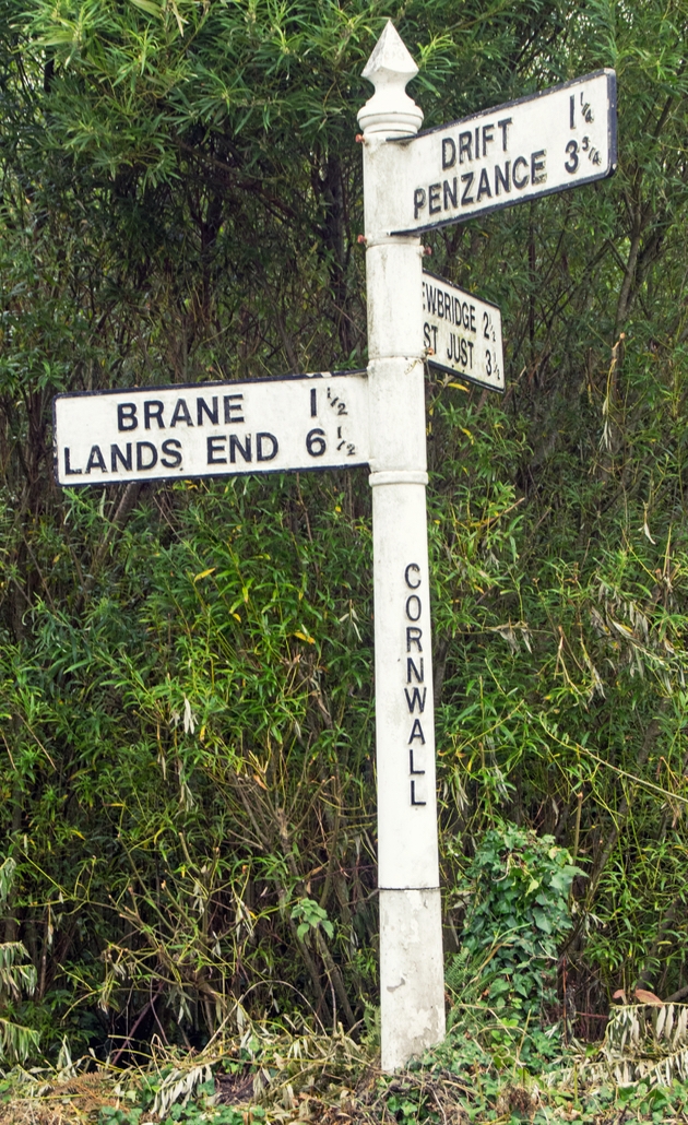 A signpost for Penzance, Cornwall