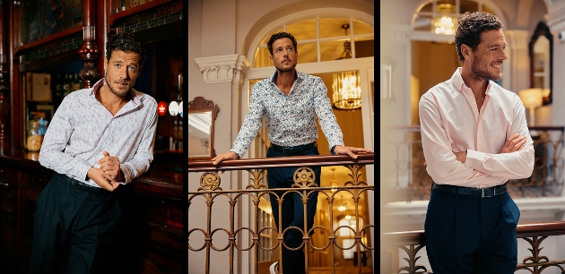 Three different images with a man wearing different shirts and trousers