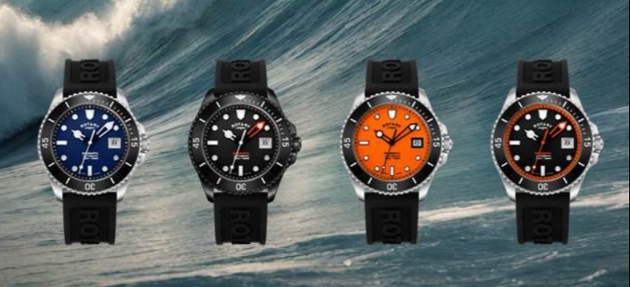 Four watches with a wave in the background