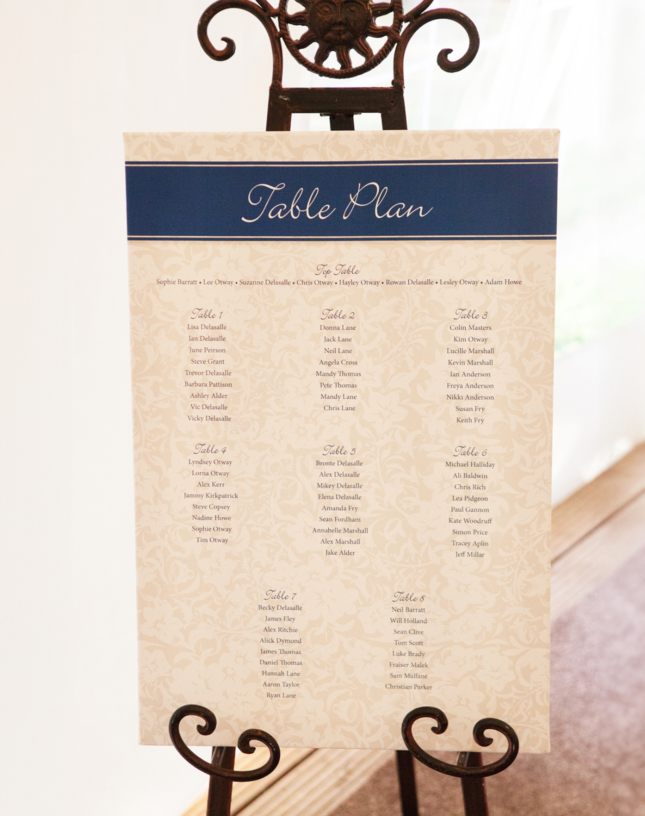 A table plan by Sidmouth Print Wedding Stationery