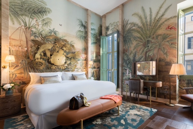 inside shot of hotel room with a botanical theme