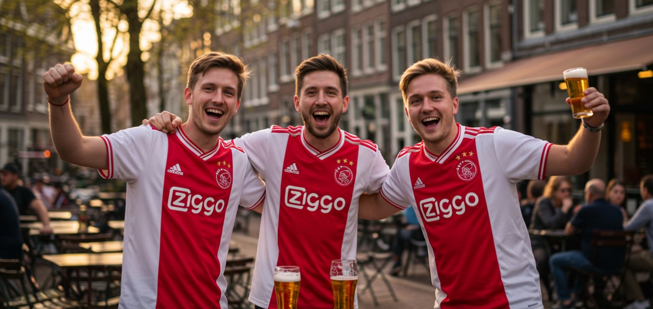 three men wearing white and red football shirts and drinking beer