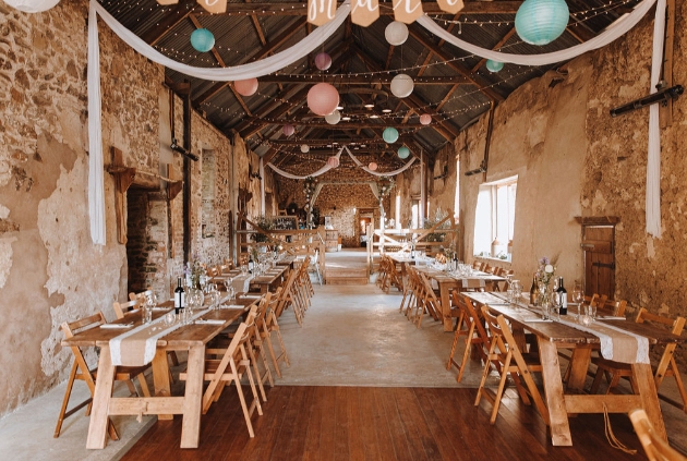 A reception set up at Ashridge Great Barn