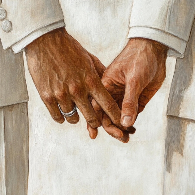 card of two male hands on a wedding day